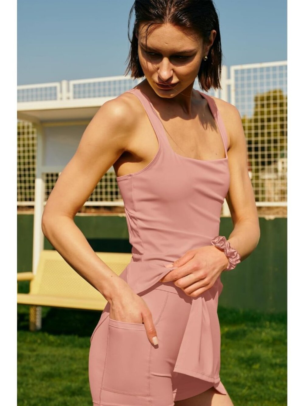 🆕Women's Coral Pink Square Neck Summer Casual Spaghetti Strap Outfit Mini Dress - Picture 3 of 7